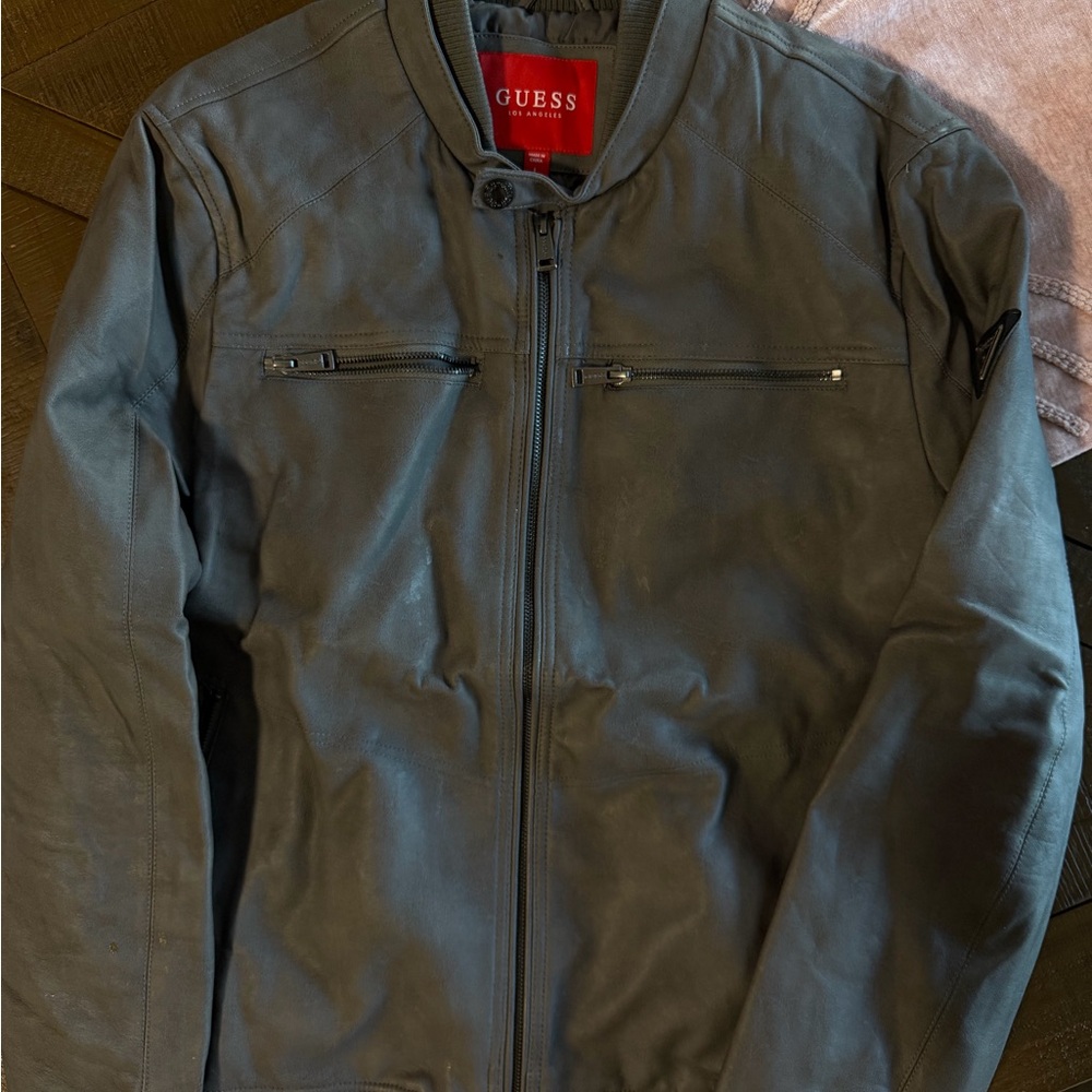 GUESS Men's Gray Leather Bomber Jacket